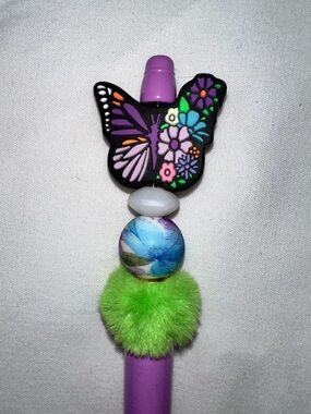 Purple Butterfly Handmade Beaded Pen with Green Pom-Pom